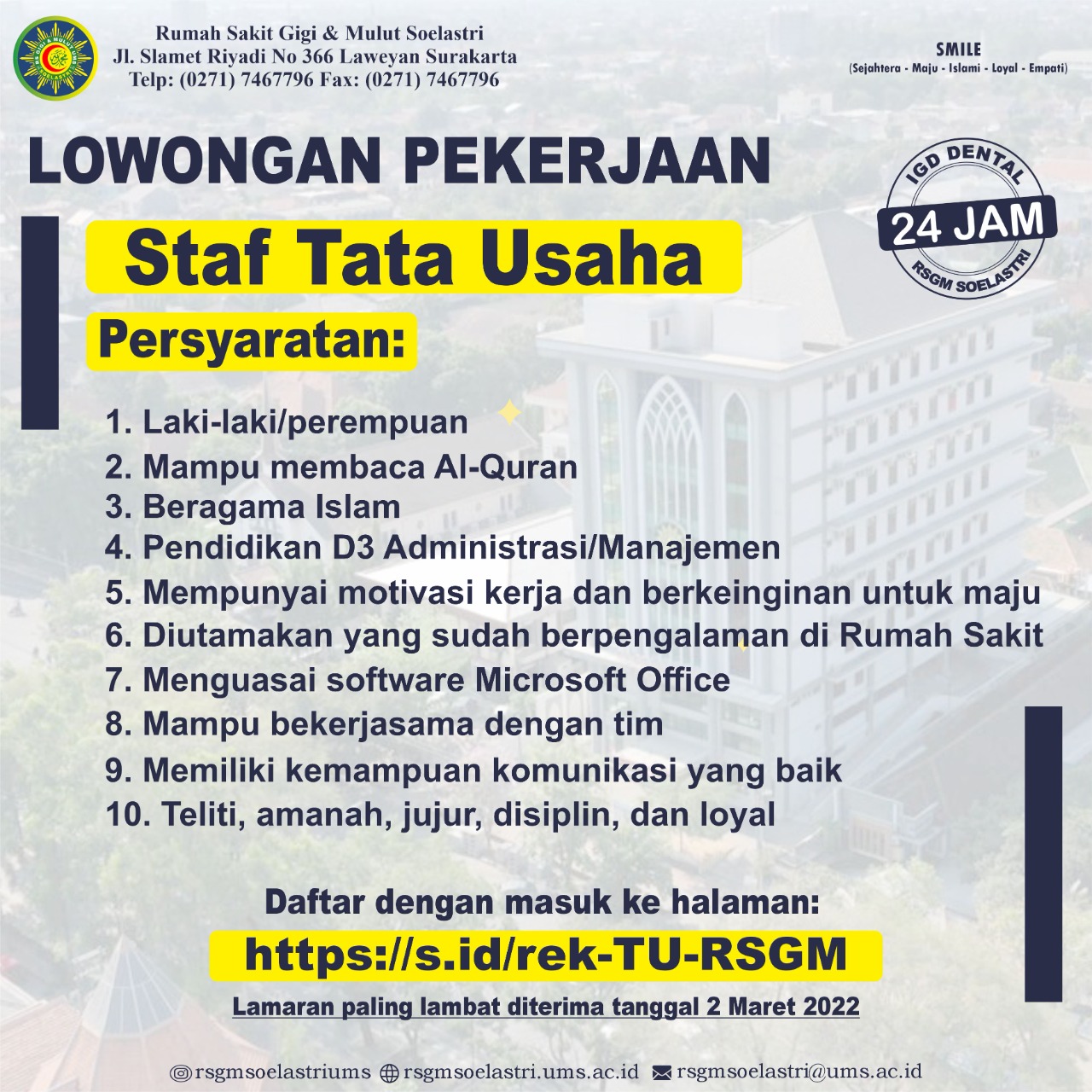 Read more about the article REKRUTMEN STAFF UNIT TATA USAHA RSGM SOELASTRI