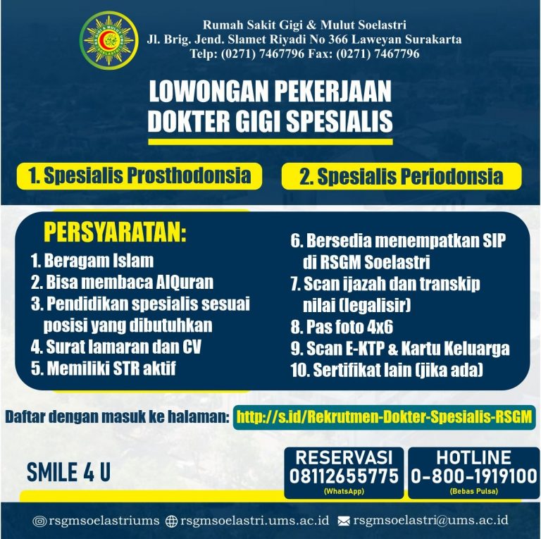 Read more about the article REKRUTMEN DOKTER SPESIALIS PROSTHODONSIA DAN