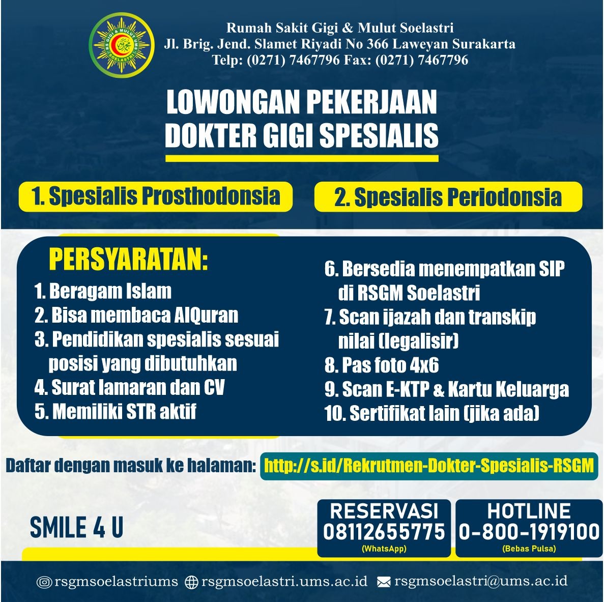 Read more about the article REKRUTMEN DOKTER SPESIALIS PROSTHODONSIA DAN