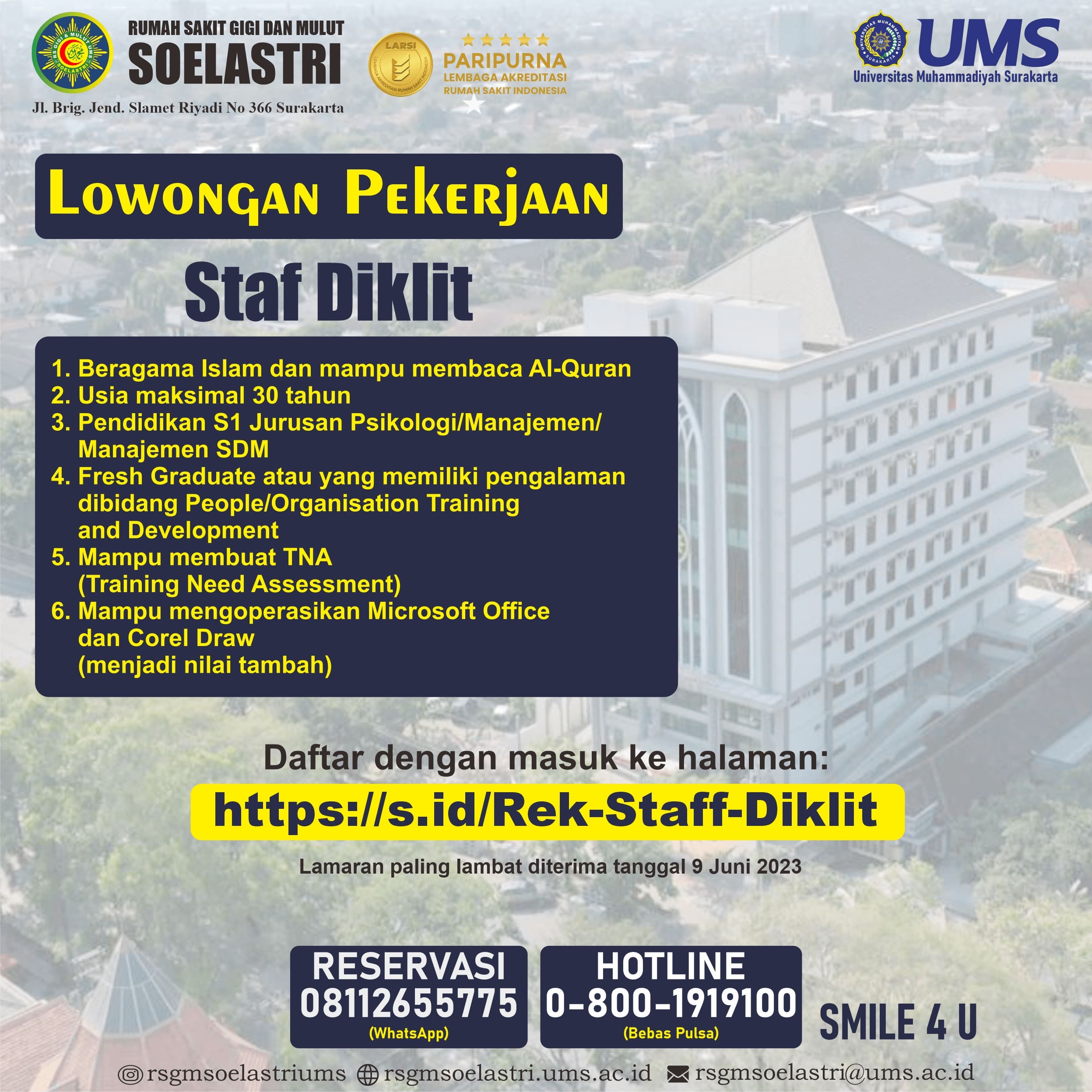 Read more about the article Rekrutmen Staff Pendidikan dan Penelitian RSGM Soelastri – 2023