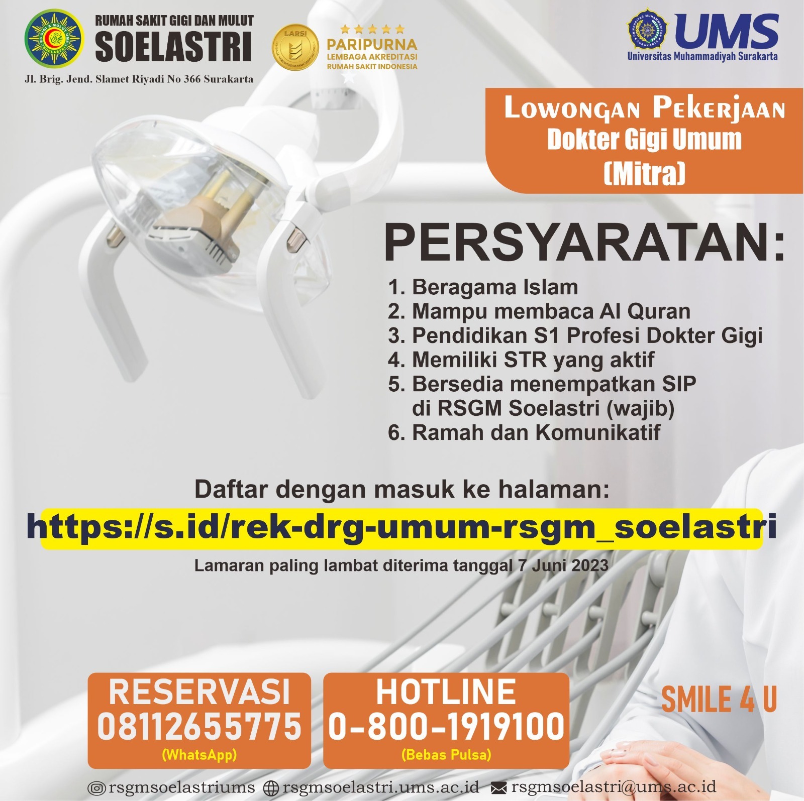 Read more about the article Rekrutmen Dokter Gigi Umum RSGM Soelastri – Mei