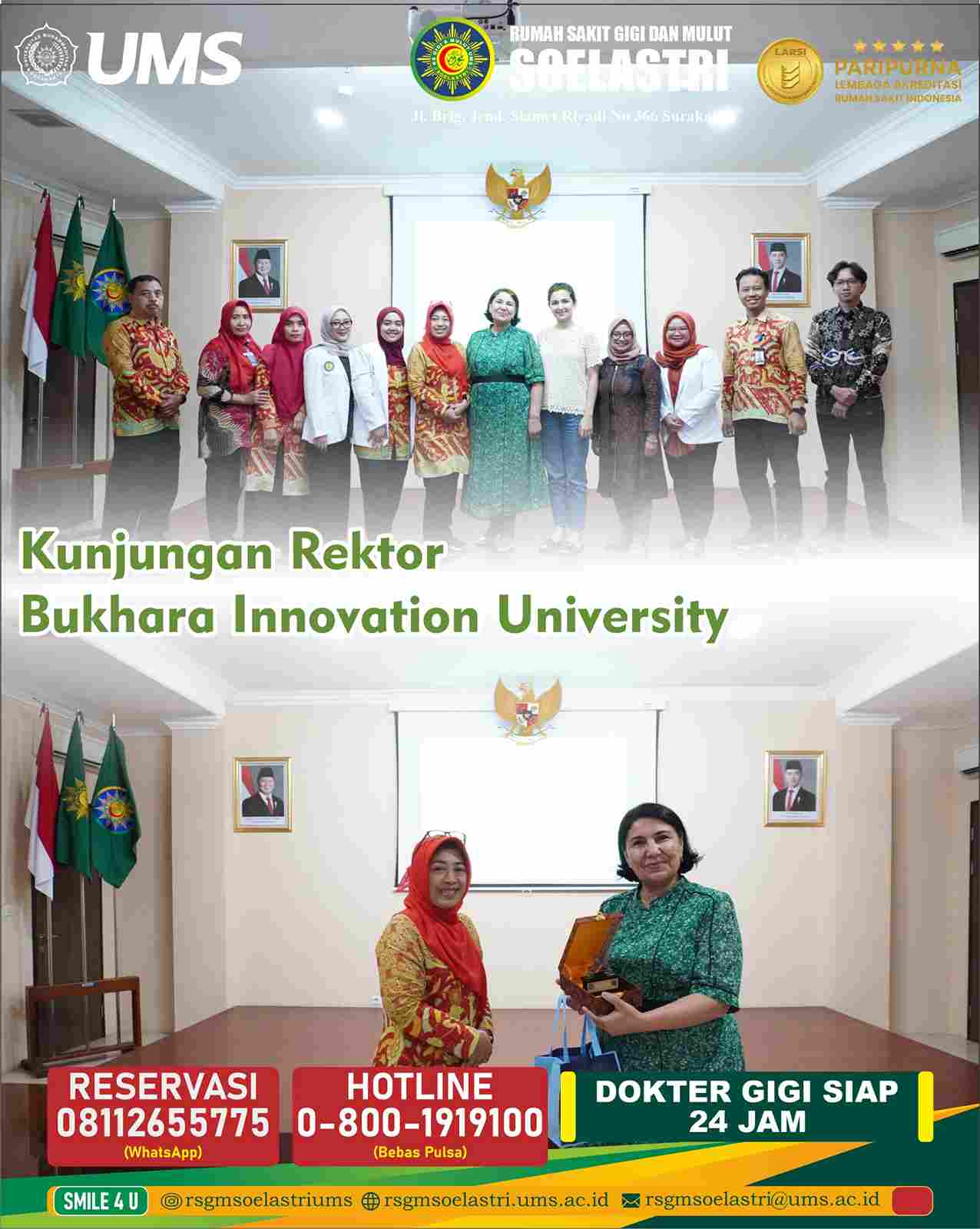 Read more about the article Kunjungan Rektor Bukhara University of Innovation, Prof. Dr. Roziyeva Dilnoz Isomjonovna ke Rumah Sakit Gigig dan Mulut Soelastri