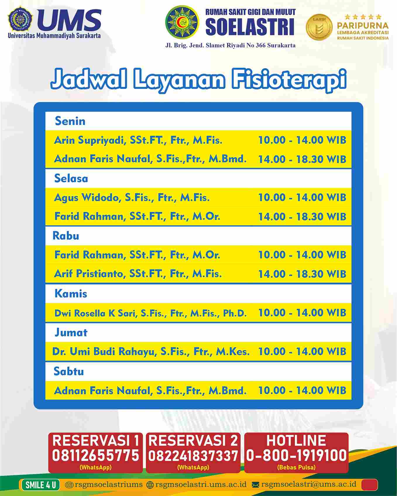 Read more about the article Jadwal Layanan Fisioterapi Rumah Sakit Gigi dan Mulut Soelastri